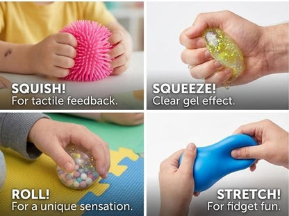 Sensory squish balls set: hands squeeze pink spiky, clear glitter, and blue smooth balls