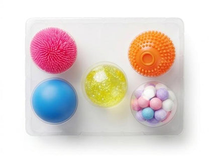 5-pack sensory squish balls in clear tray: pink spiky, orange spiky, blue, yellow-green, pastel