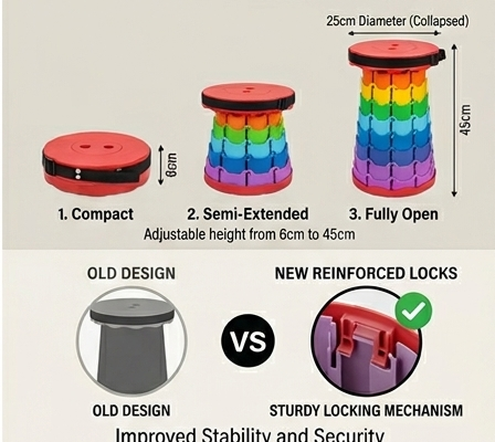 Foldable telescopic camping stool with rainbow tiers, compact and extended height views