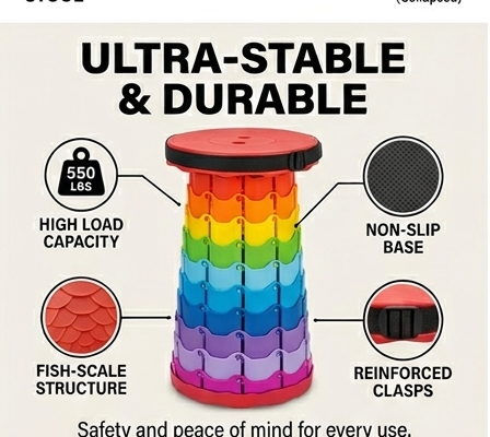 Rainbow telescopic stool with non-slip base and reinforced clasps, ultra-stable design details