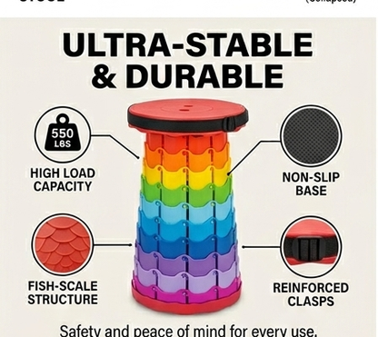 Rainbow telescopic stool with non-slip base and reinforced clasps, ultra-stable design details