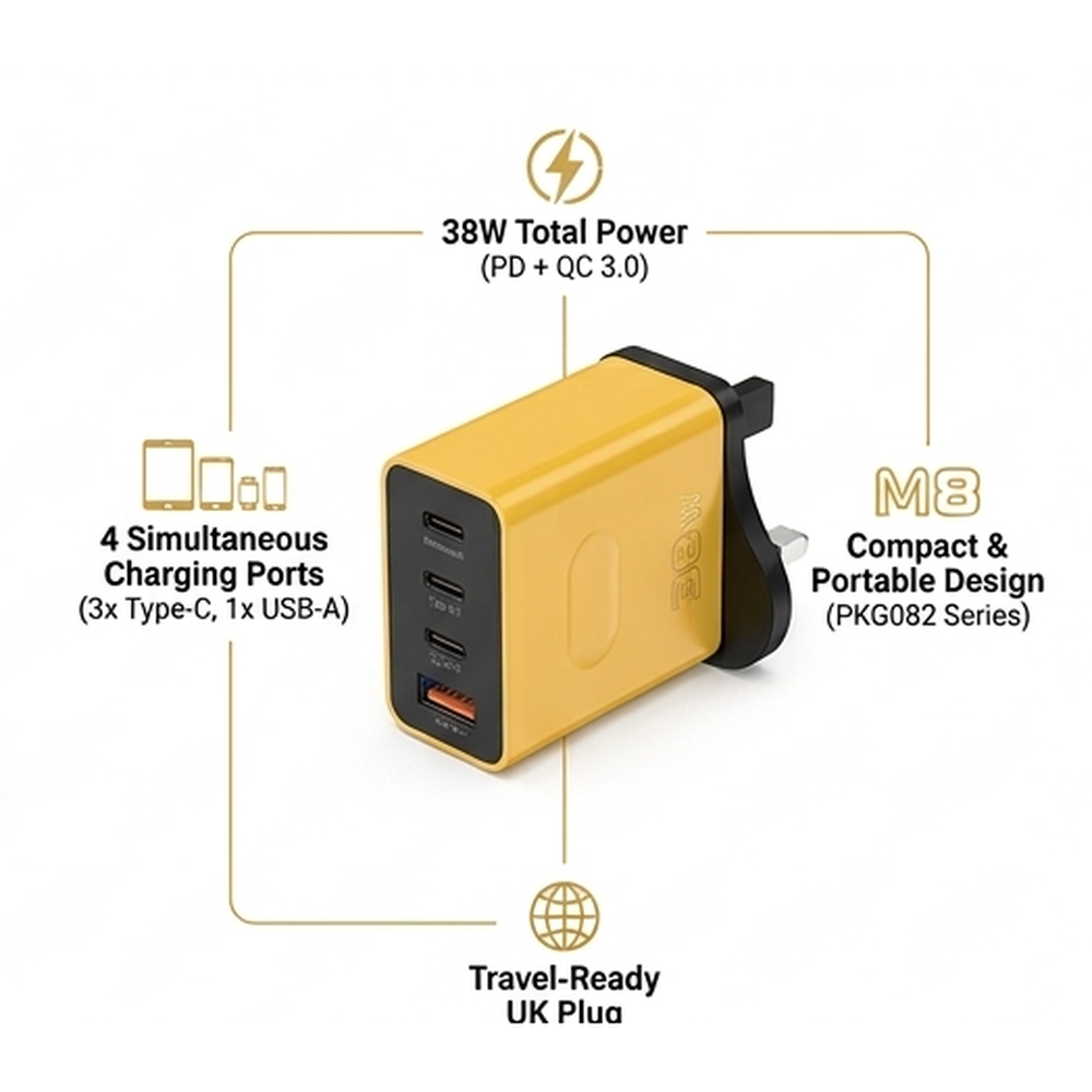 38W multi-port USB-C fast charger with 4 ports and UK plug, yellow