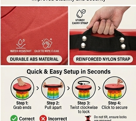 Rainbow telescopic stool with durable ABS shell and reinforced nylon strap, quick setup steps