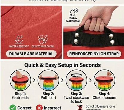 Rainbow telescopic stool with durable ABS shell and reinforced nylon strap, quick setup steps