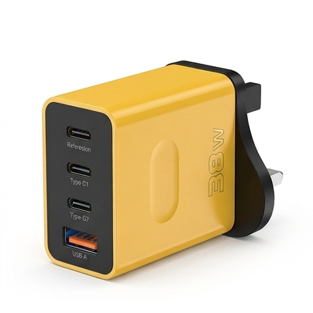 Yellow 38W USB-C fast charger with four ports, UK plug, front view