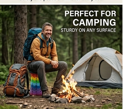 Rainbow folding stool for camping beside a tent and campfire; sturdy on outdoor surfaces