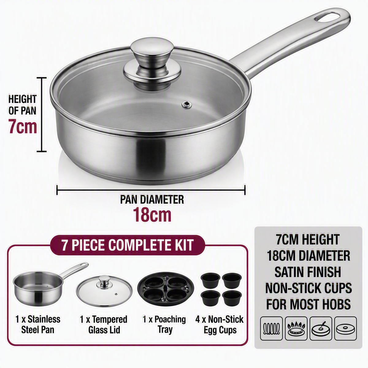 Stainless steel egg poacher pan with glass lid and non-stick egg cups, 18cm size