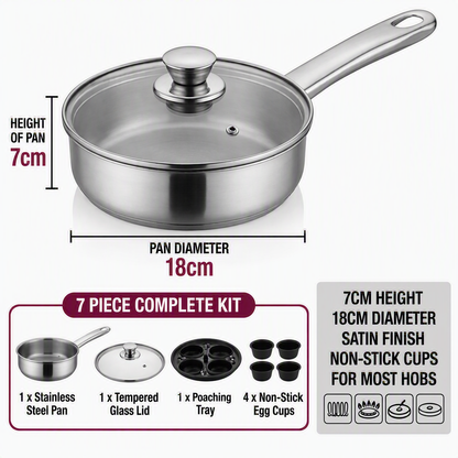Stainless steel egg poacher pan with glass lid and non-stick egg cups, 18cm size