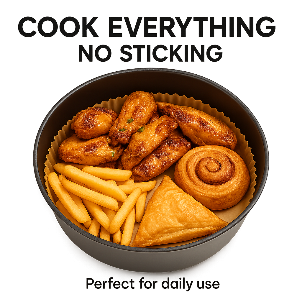 Round air fryer basket liner with cooked food, disposable brown paper base
