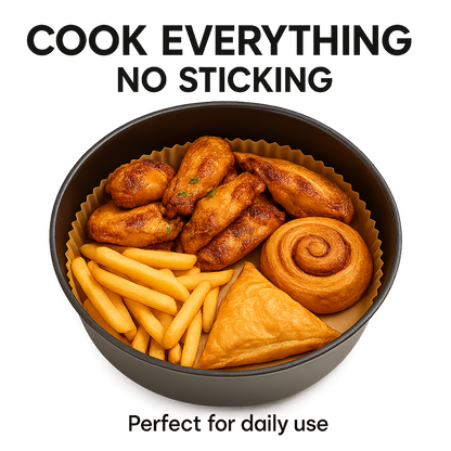 Round air fryer basket liner with cooked food, disposable brown paper base