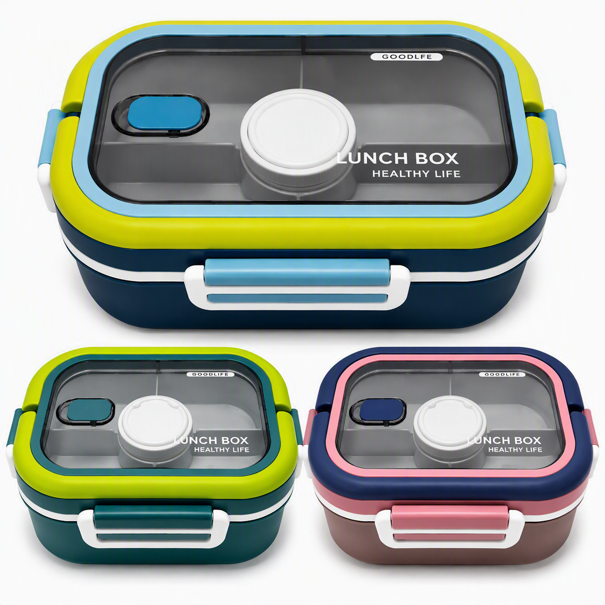 Set of bento lunch boxes: green and pink, each with clear window and front latch