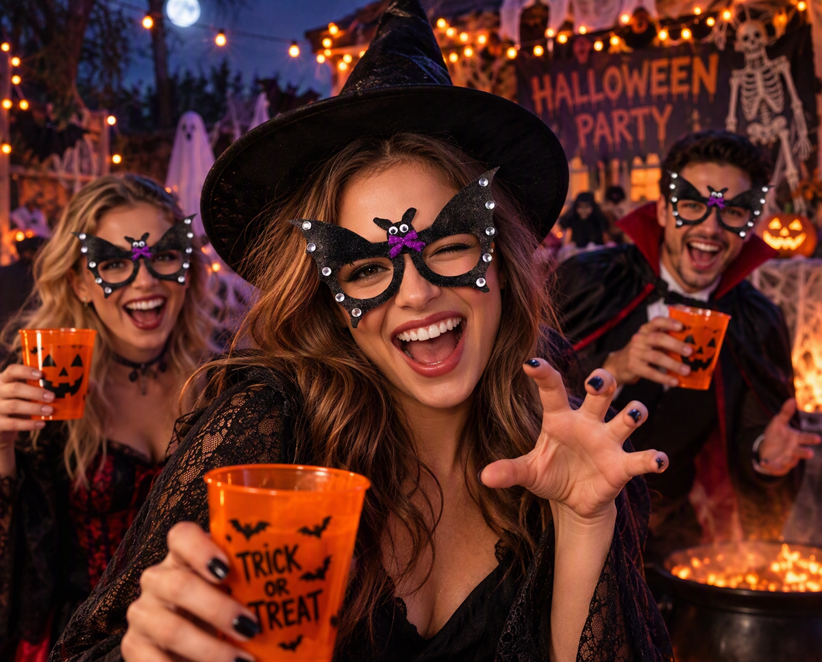 Bat-shaped costume glasses with purple wings and dark frames