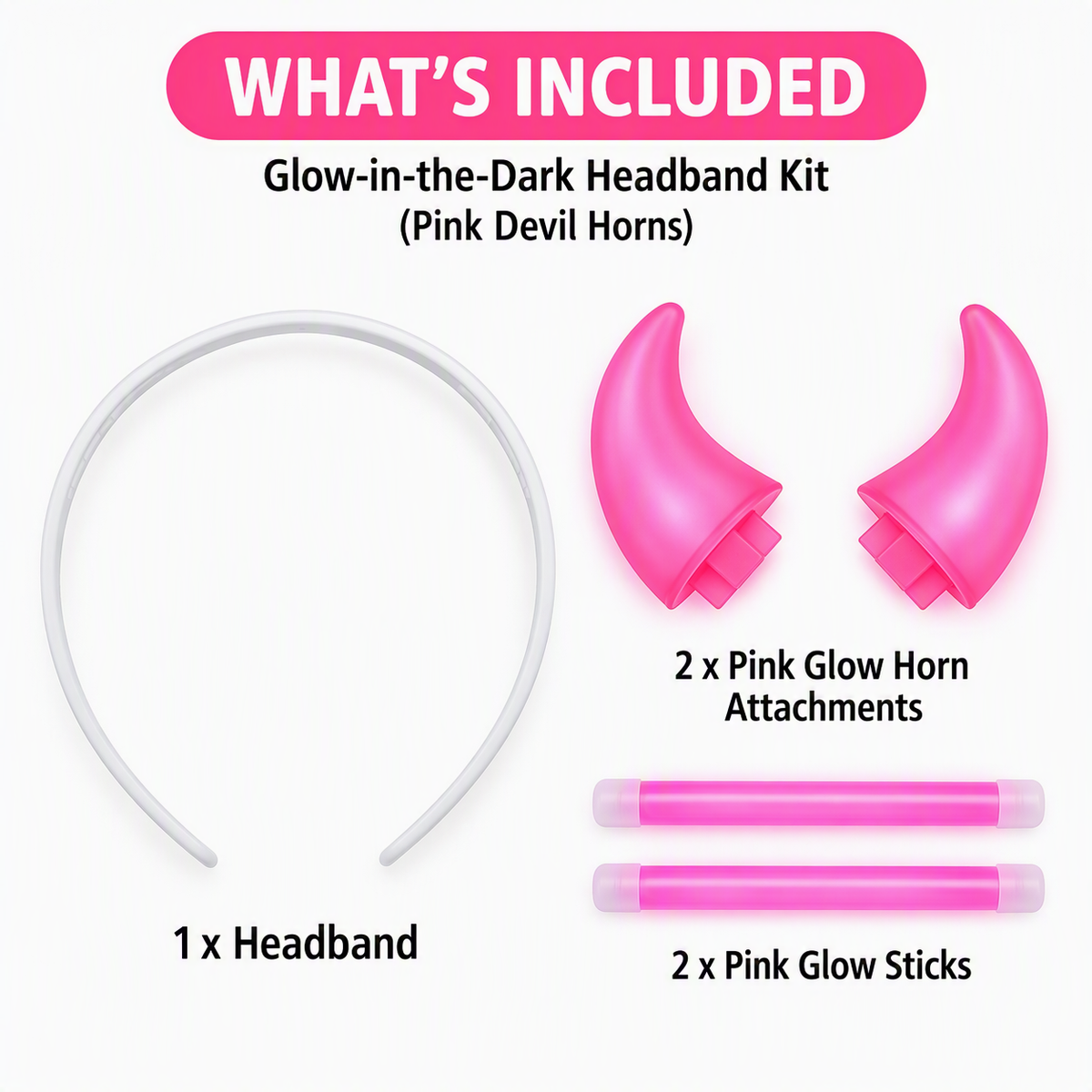 Glow headband kit: white band, 2 pink horn attachments, and 2 pink glow sticks