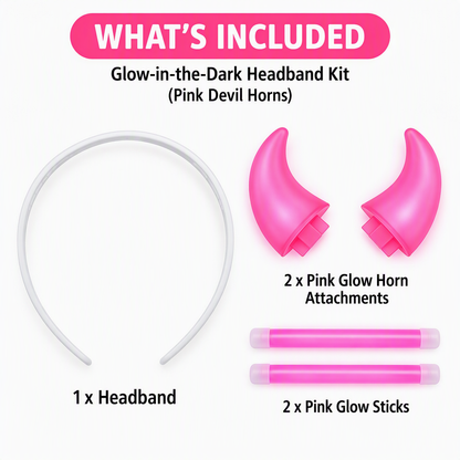 Glow headband kit: white band, 2 pink horn attachments, and 2 pink glow sticks
