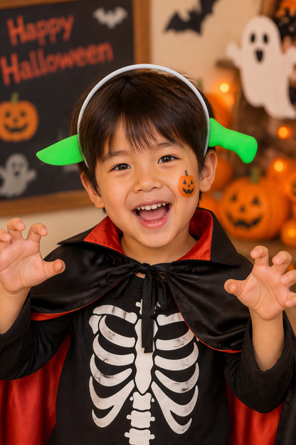 Glow headband with green devil horns worn by a laughing child