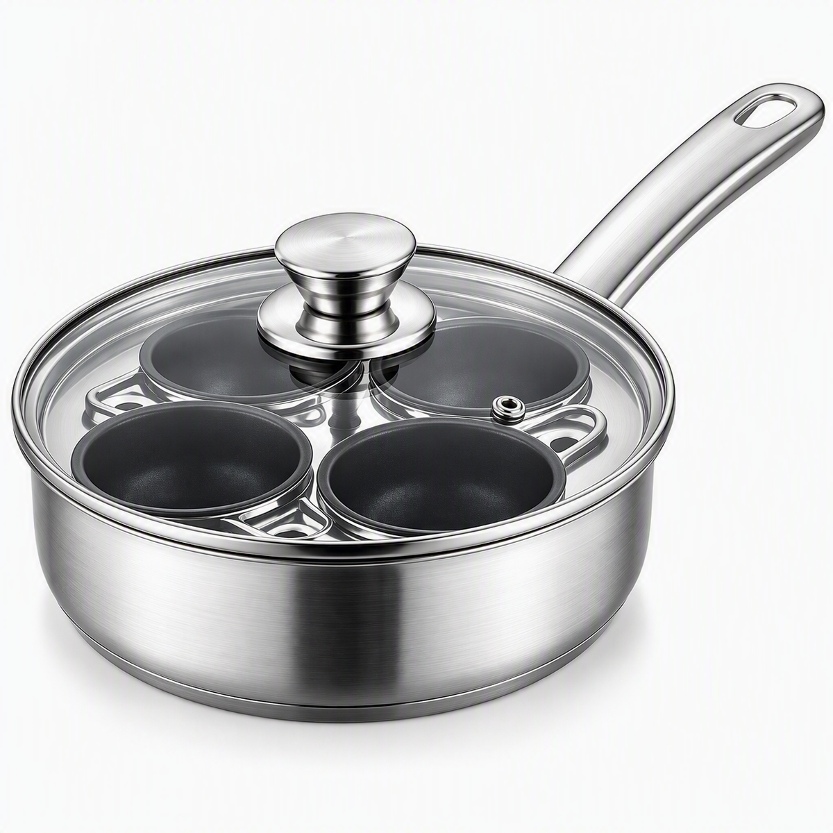 Stainless steel egg poacher pan with handle, lid, and 4 non-stick egg cup wells