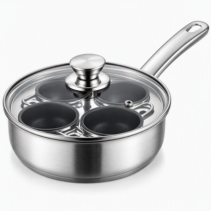 Stainless steel egg poacher pan with handle, lid, and 4 non-stick egg cup wells