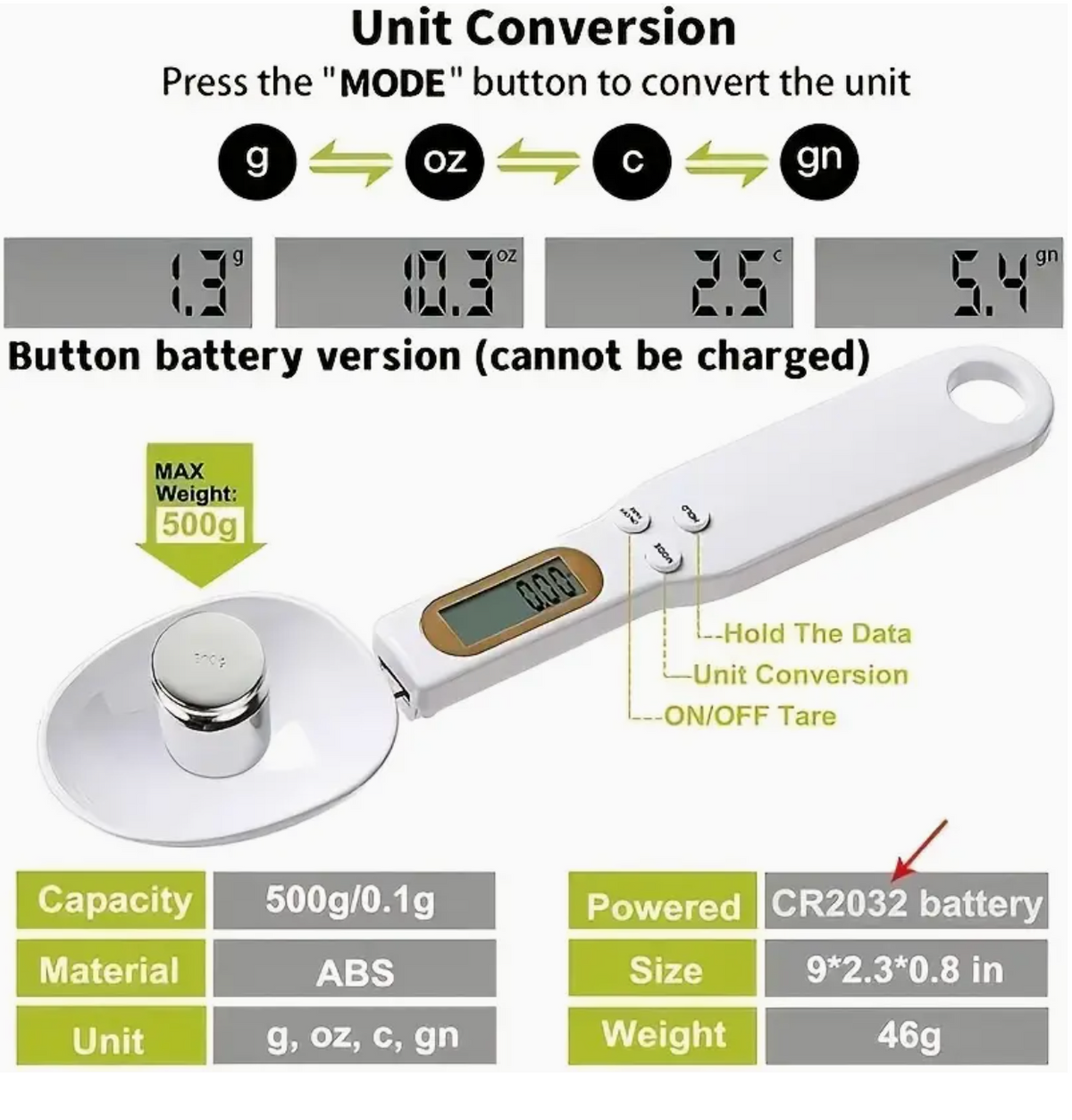 Digital spoon scale with LCD screen and button-cell battery information graphic