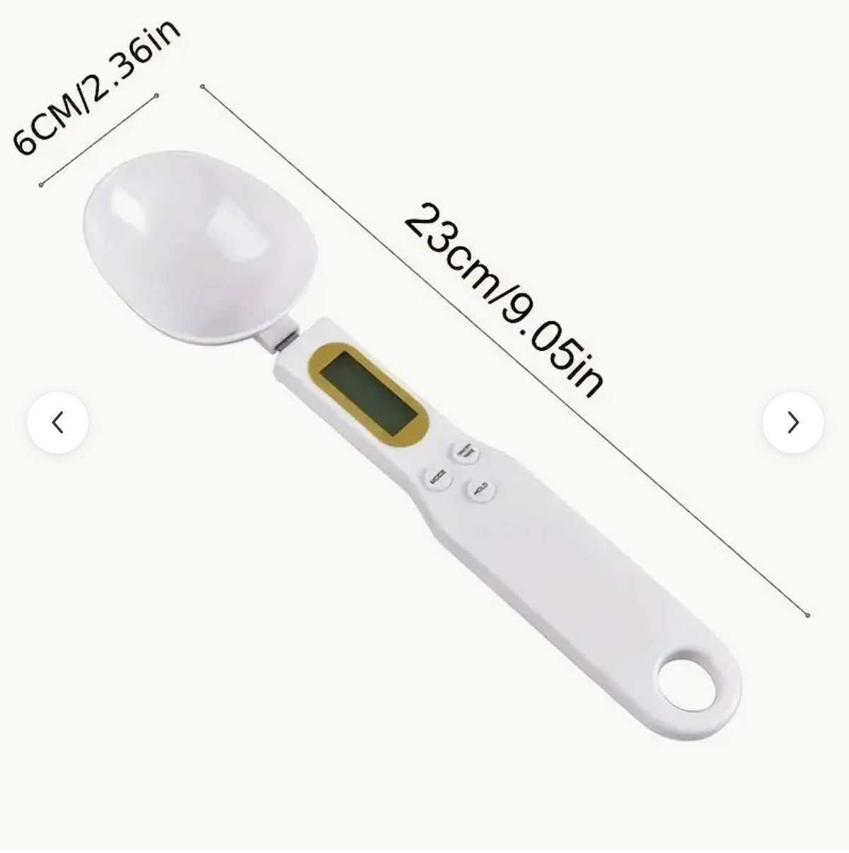 Digital kitchen spoon scale with LCD screen and control buttons, white handle