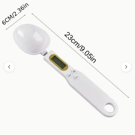 Digital kitchen spoon scale with LCD screen and control buttons, white handle
