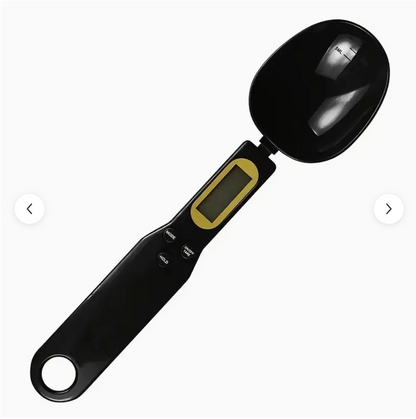 Digital kitchen spoon scale with LCD screen and buttons, black handle and scoop