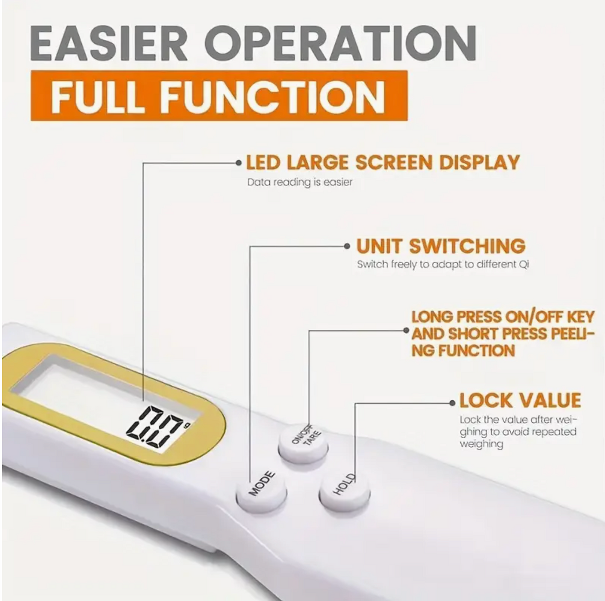 White digital spoon scale with large LED-style display and round control keys