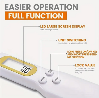 White digital spoon scale with large LED-style display and round control keys