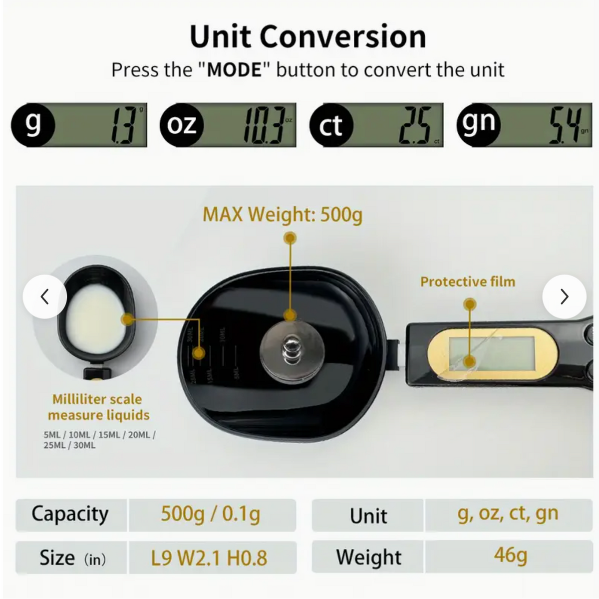 Digital spoon scale showing unit conversion on its LCD, compact white body