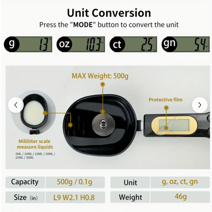 Digital spoon scale showing unit conversion on its LCD, compact white body