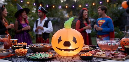 Orange inflatable jack-o’-lantern pumpkin centerpiece with green stem