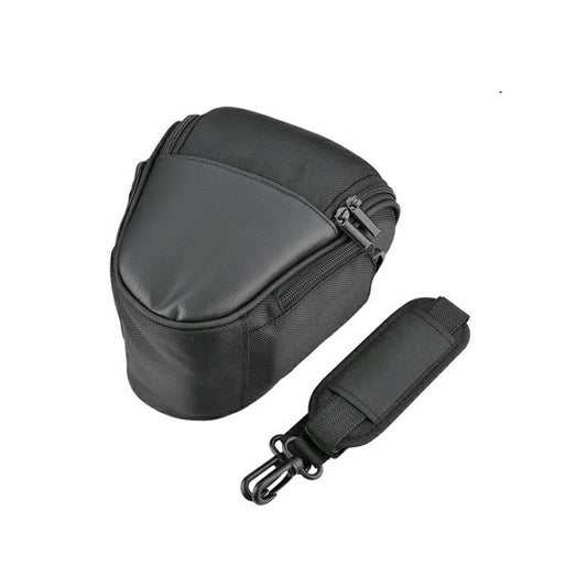 Camera lens shoulder case bag, dark gray, padded shell with zipper and shoulder strap.