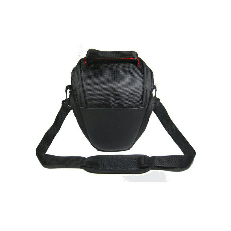 Camera lens shoulder case bag in black, padded body with front zipper and long strap.