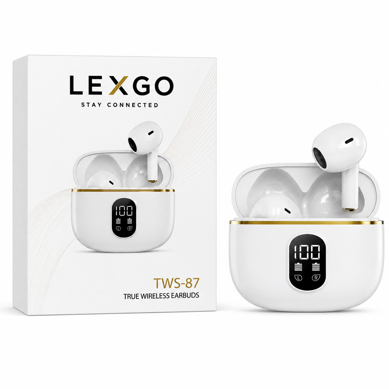 LEXGO TWS wireless earbuds in a white charging case with LED battery display.