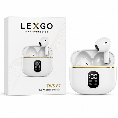 LEXGO TWS wireless earbuds in a white charging case with LED battery display.