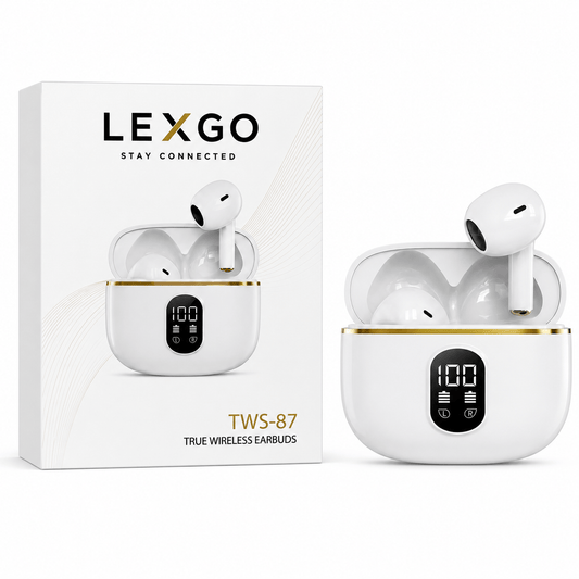 LEXGO TWS wireless earbuds in a white charging case with LED battery display.