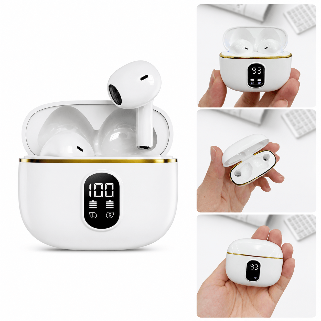 White wireless earbuds seated in a white charging case with LED battery indicator.