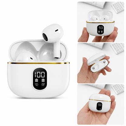 White wireless earbuds seated in a white charging case with LED battery indicator.