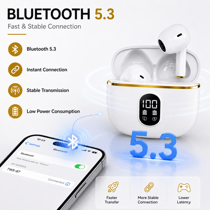 White wireless earbuds and charging case with LED display and Bluetooth connection graphics.