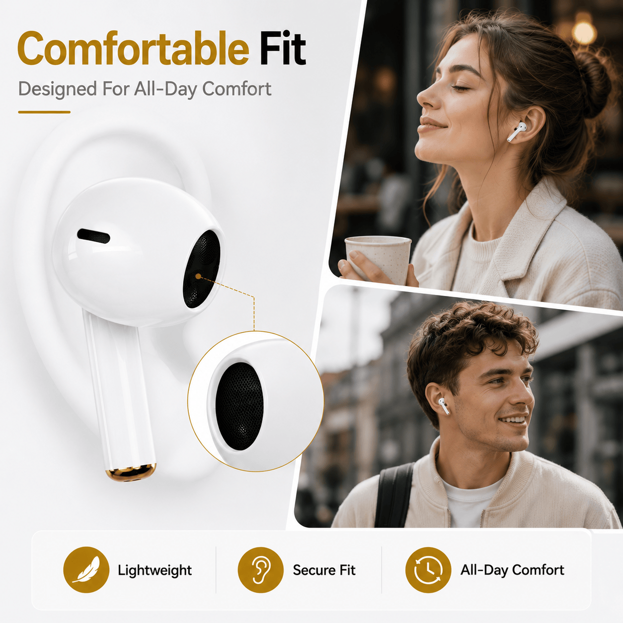 Wireless earbuds with secure-fit tips and mesh speaker face, shown with white charging case.