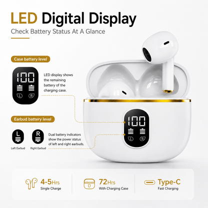 White wireless earbuds with charging case and front LED battery display, gold trim.