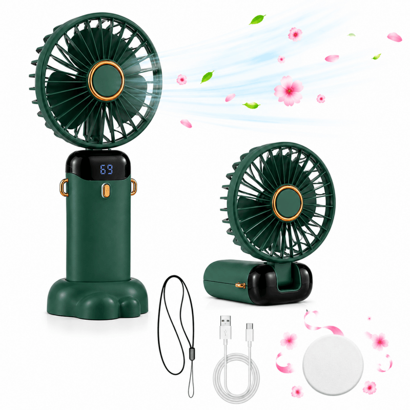 Green mini handheld fan with round grille and black base, with USB charging cable