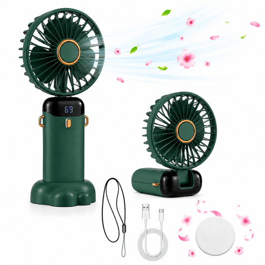 Green mini handheld fan with round grille and black base, with USB charging cable