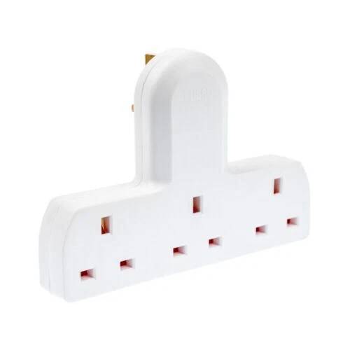White UK 3-way extension wall plug adaptor with three socket outlets