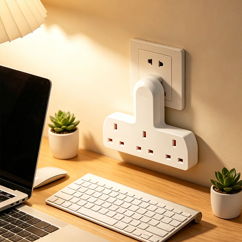 White 3-way UK plug extension adaptor connected to wall socket with 3 outlets