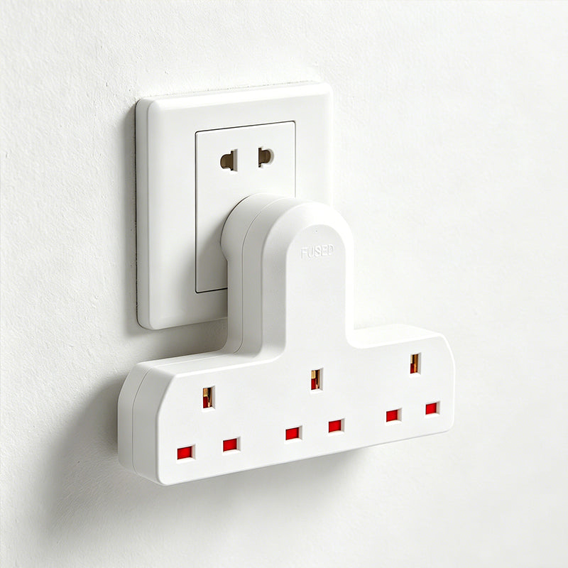 White 3-way UK plug adaptor extension with three grounded socket holes
