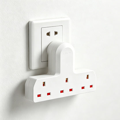 White 3-way UK plug adaptor extension with three grounded socket holes