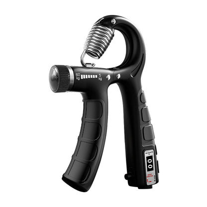 Black hand grip strengthener with coiled spring and textured grip handles