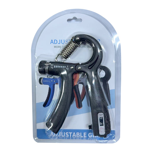 Adjustable hand grip strengthener in blister pack with coiled spring grips