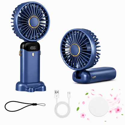 Blue mini handheld fan with round grille and fold base, plus USB cable and strap