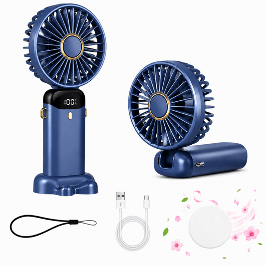 Blue mini handheld fan with round grille and fold base, plus USB cable and strap